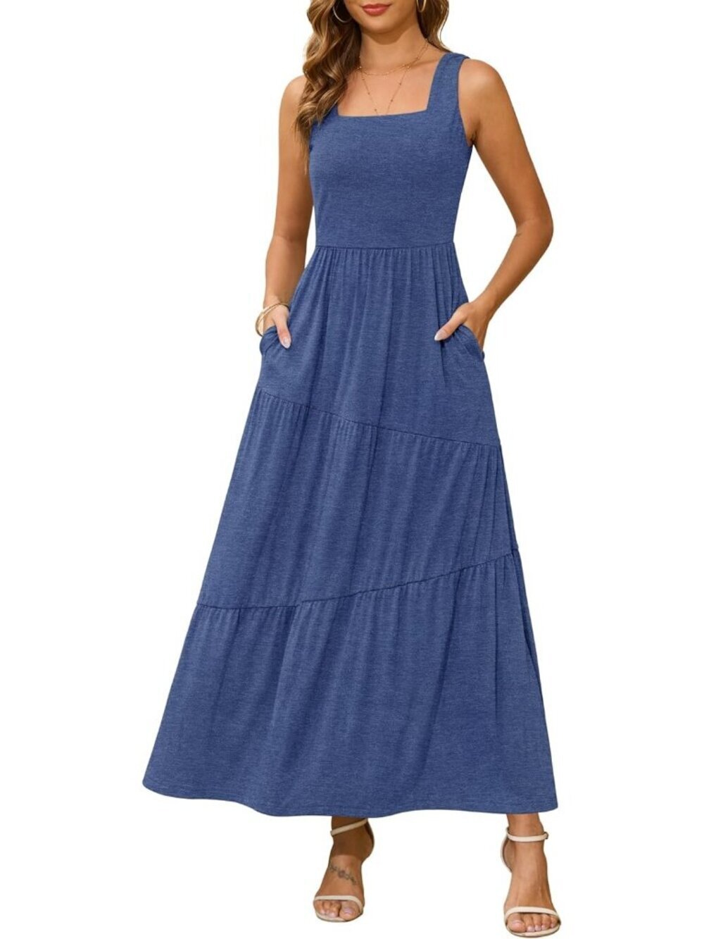 Women's Blue Sleeveless Long Beach Sundress Square Neck Tank Tiered Maxi Dress